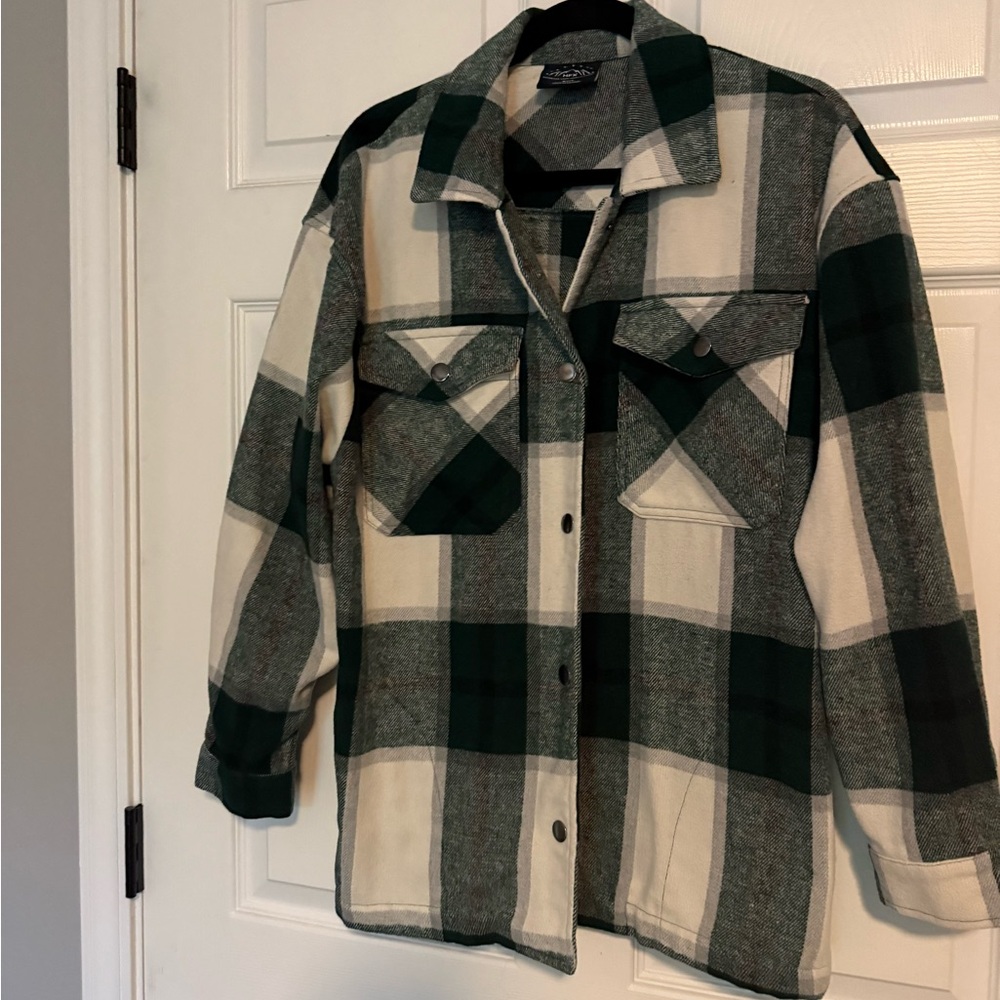 HFX Green and White Plaid Shacket